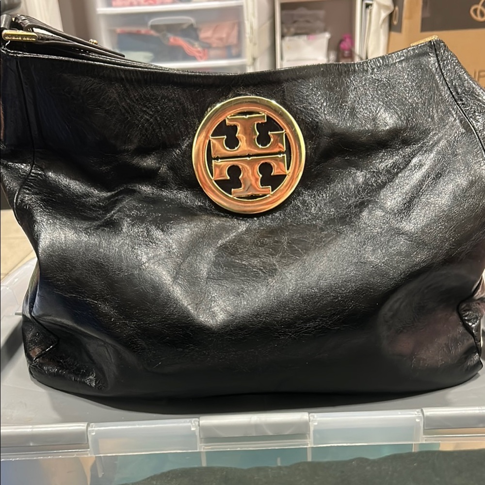 Tory Burch Black Leather Tote with Gold Emblem